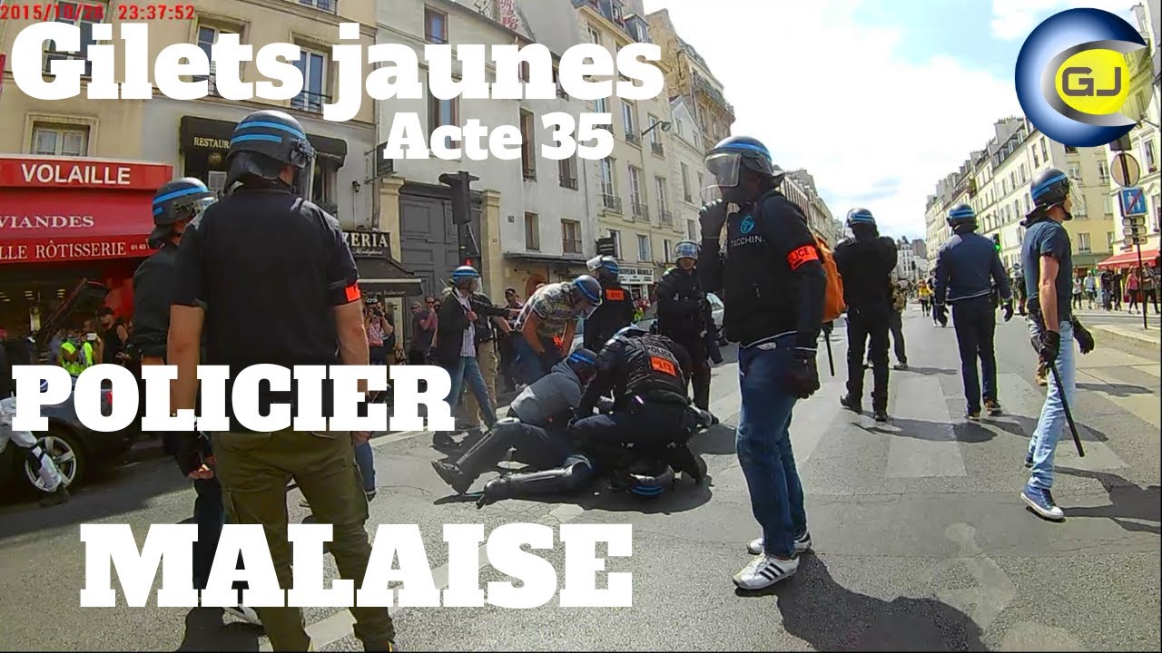 Un policier fait un malaise et s’effondre. Gilets jaunes Paris, acte 35, 13 juillet 2019